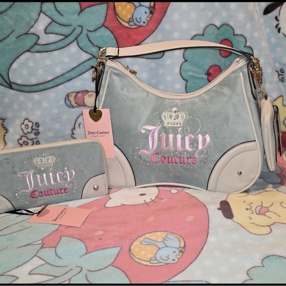 Juicy Couture Blue and White Shoulder Bag with Signature Style with Wallet